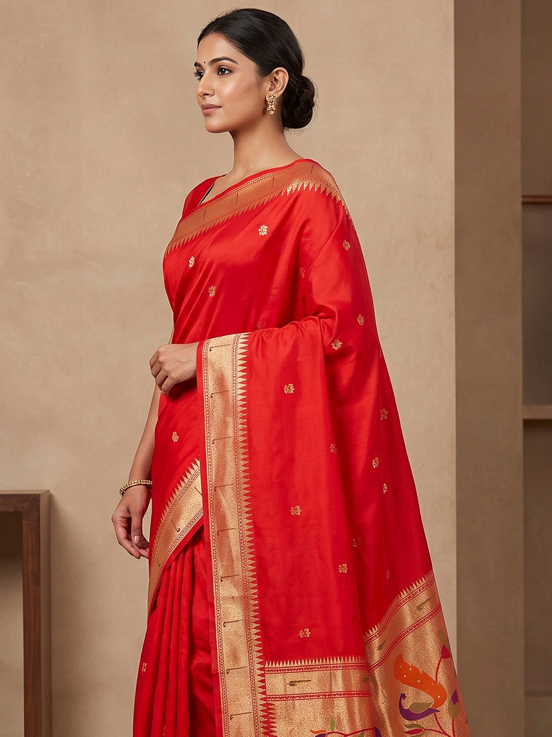 Red Cotton Blend Woven Saree