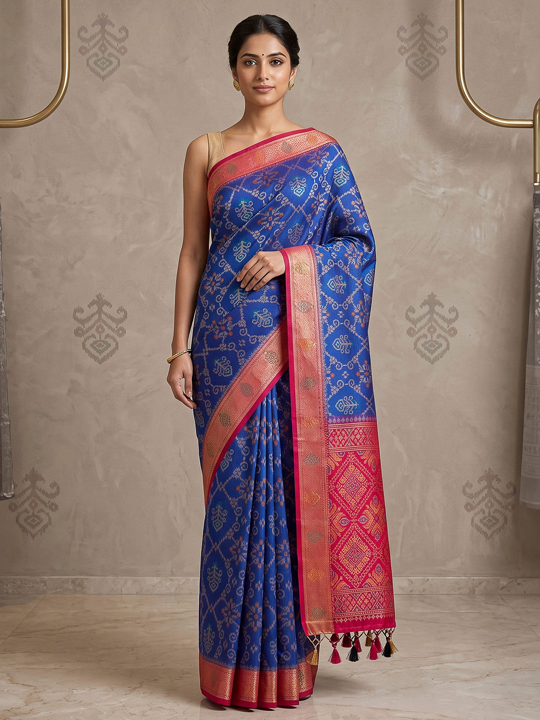 Navy-Blue Cotton Blend Woven Saree