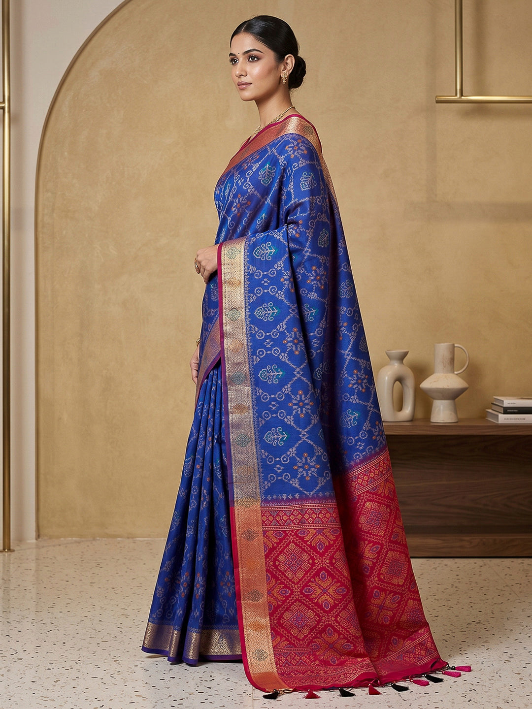 Navy-Blue Cotton Blend Woven Saree