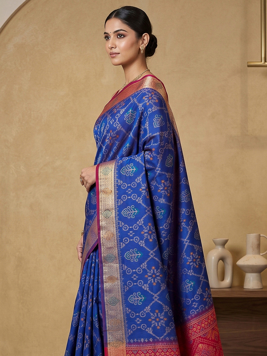 Navy-Blue Cotton Blend Woven Saree