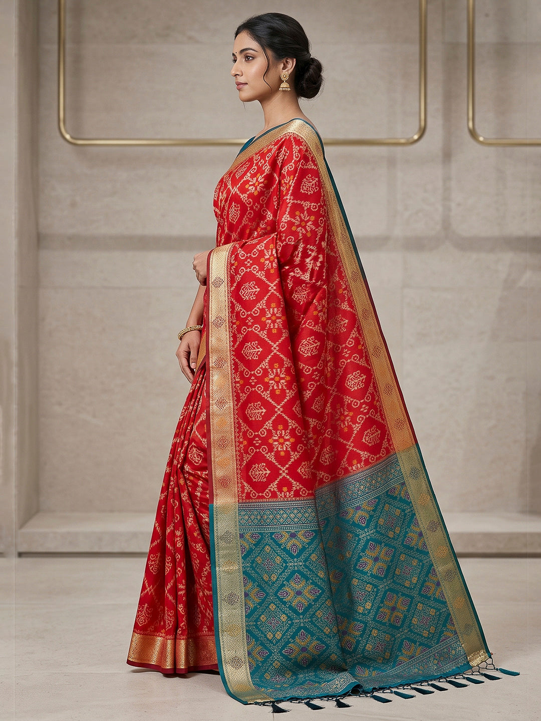 Red Cotton Blend Woven Saree