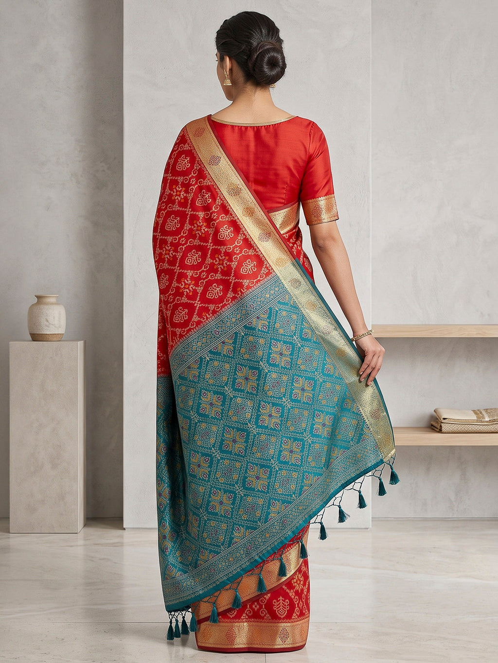 Red Cotton Blend Woven Saree