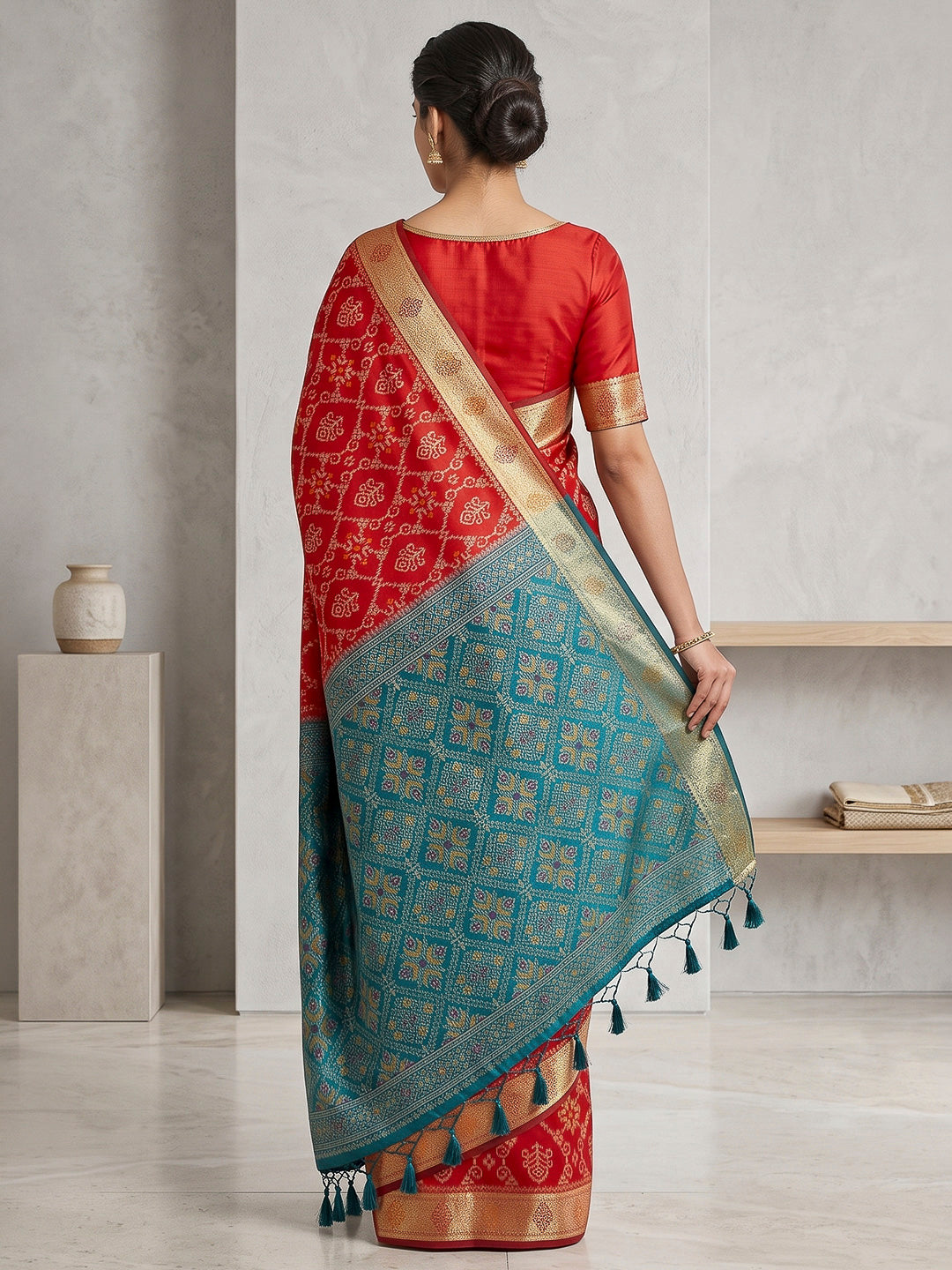 Red Cotton Blend Woven Saree