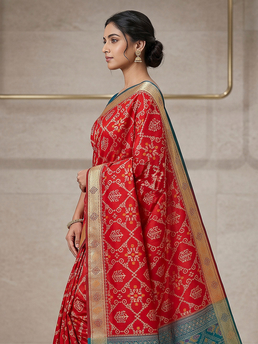 Red Cotton Blend Woven Saree
