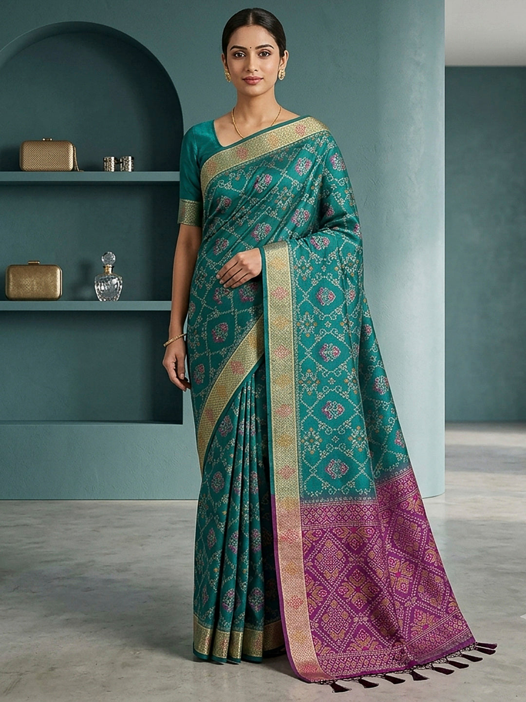 Teal-Blue Cotton Blend Woven Saree