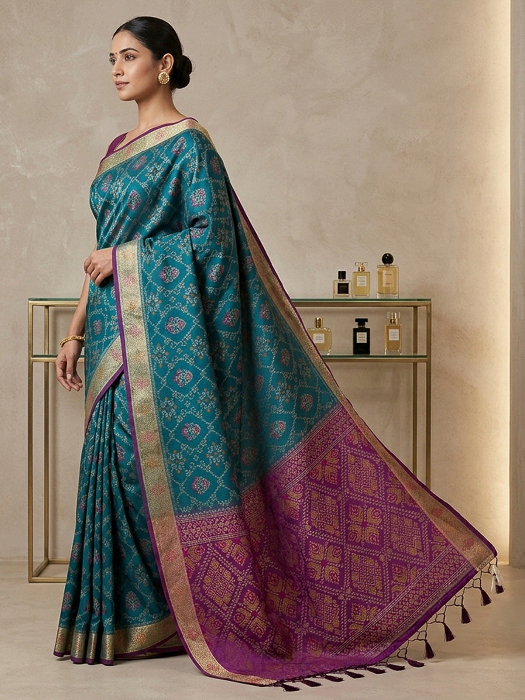 Teal-Blue Cotton Blend Woven Saree