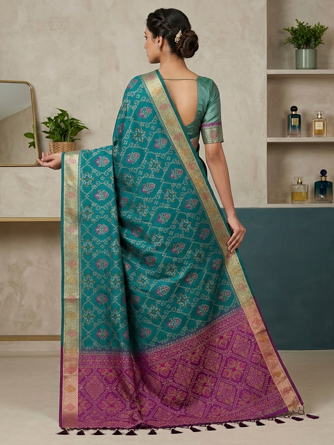 Teal-Blue Cotton Blend Woven Saree