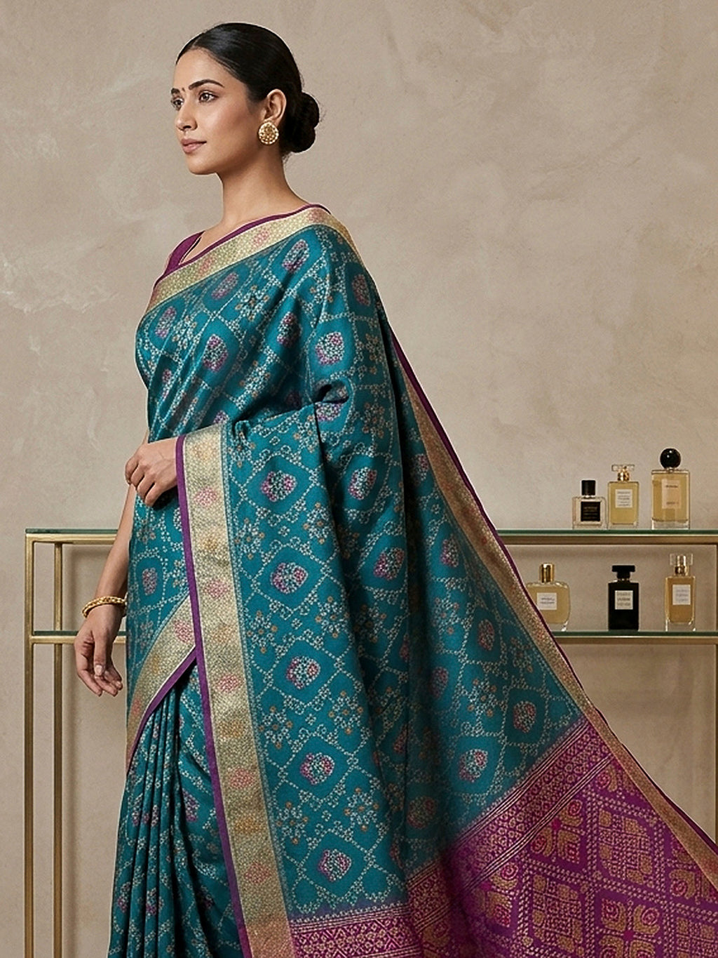 Teal-Blue Cotton Blend Woven Saree