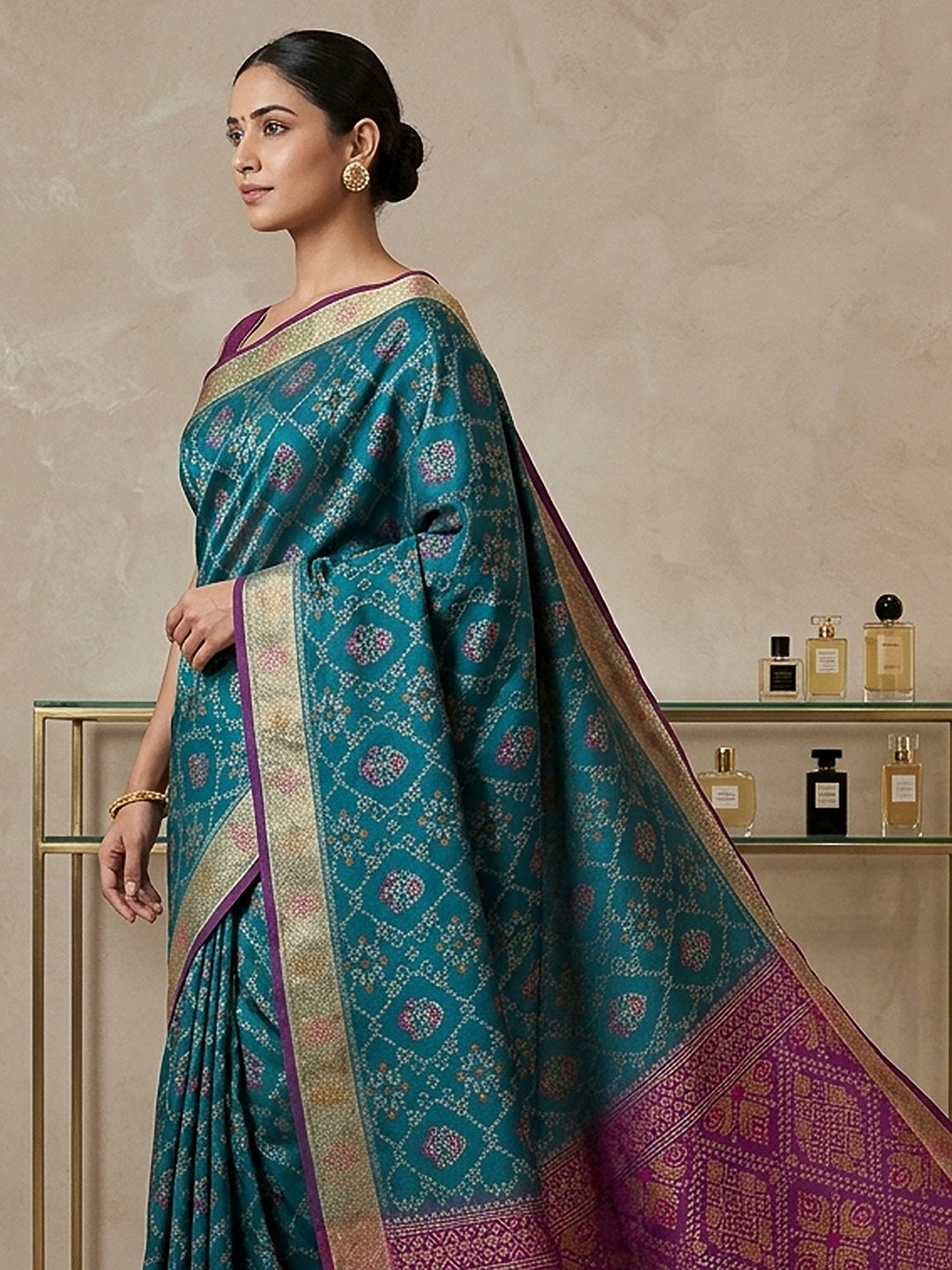 Teal-Blue Cotton Blend Woven Saree