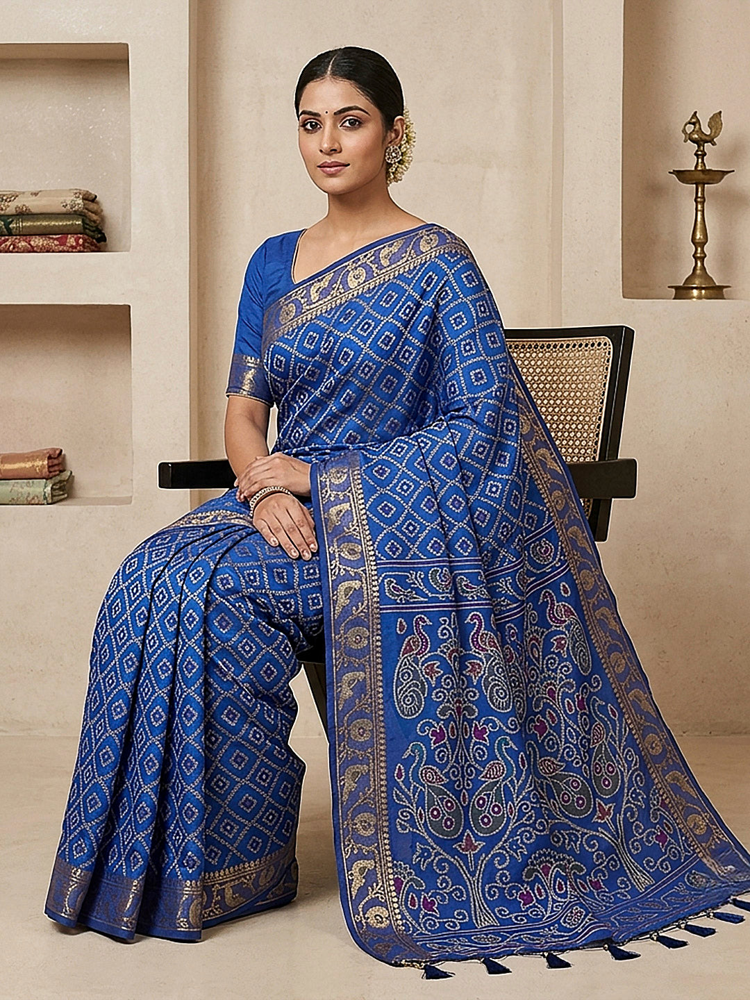Navy-Blue Cotton Blend Woven Saree
