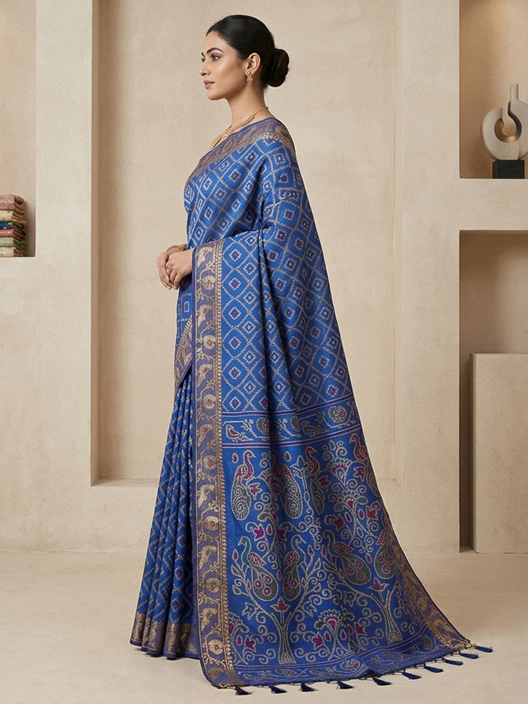 Navy-Blue Cotton Blend Woven Saree