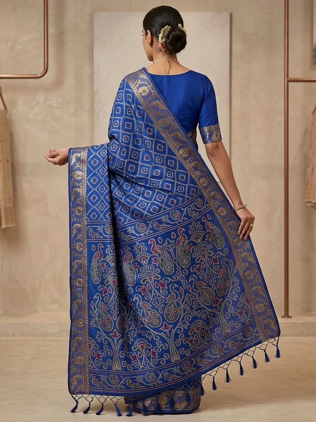 Navy-Blue Cotton Blend Woven Saree