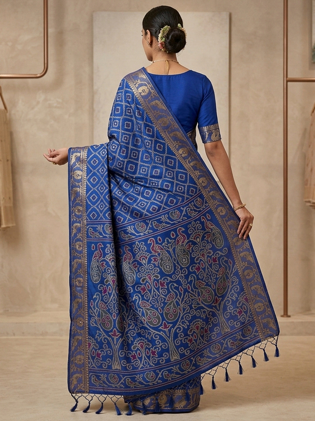 Navy-Blue Cotton Blend Woven Saree