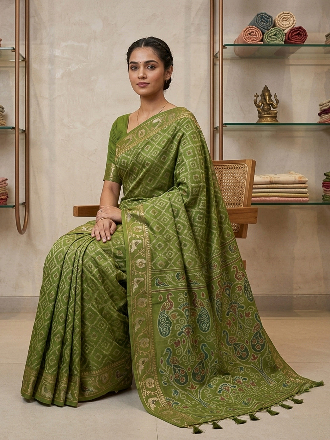 Olive-Green Cotton Blend Woven Saree