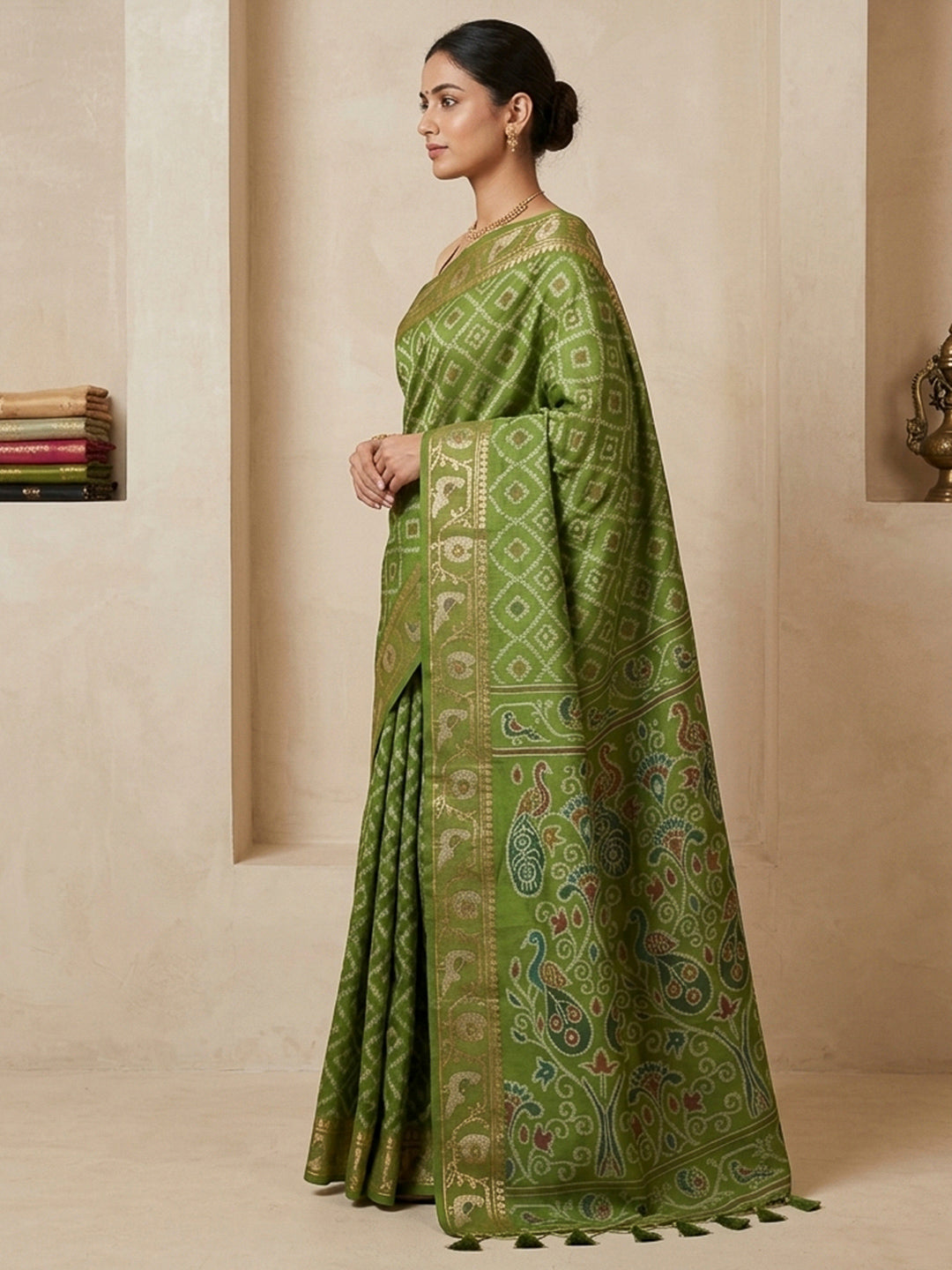 Olive-Green Cotton Blend Woven Saree