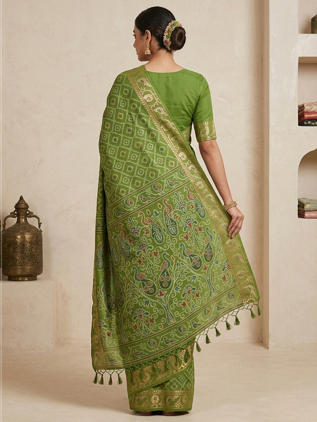 Olive-Green Cotton Blend Woven Saree