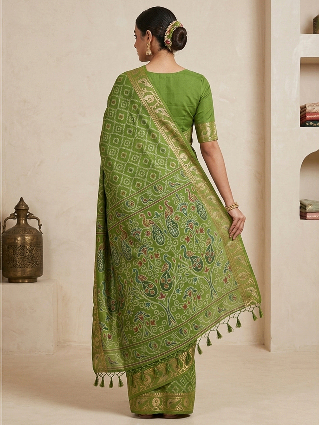 Olive-Green Cotton Blend Woven Saree