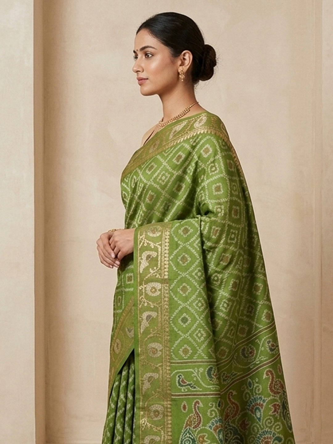 Olive-Green Cotton Blend Woven Saree