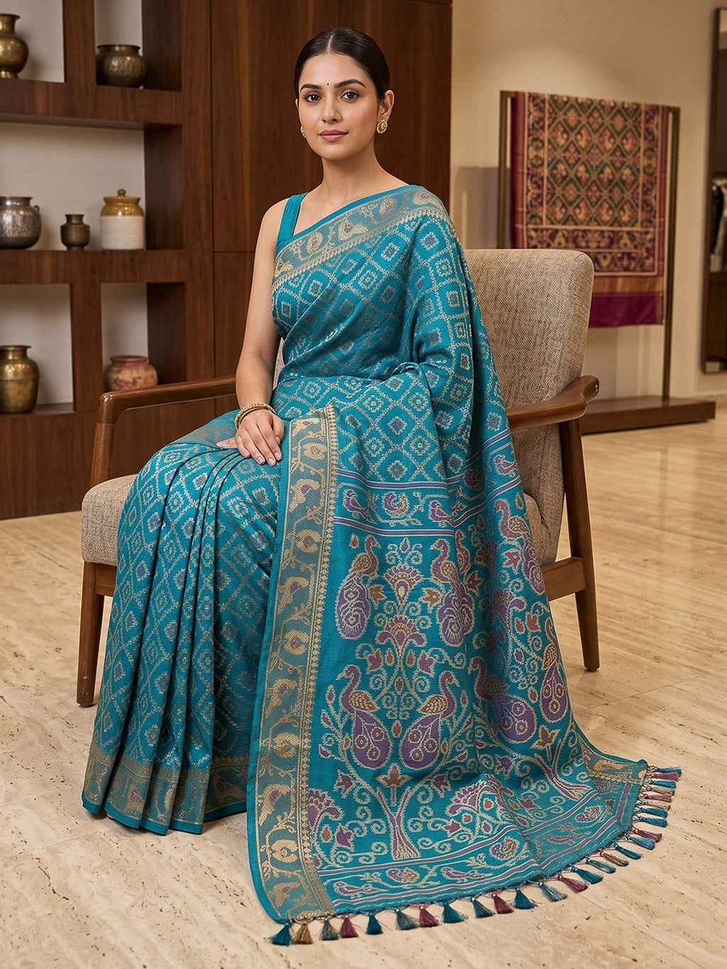 Peacock-Blue Cotton Blend Woven Saree