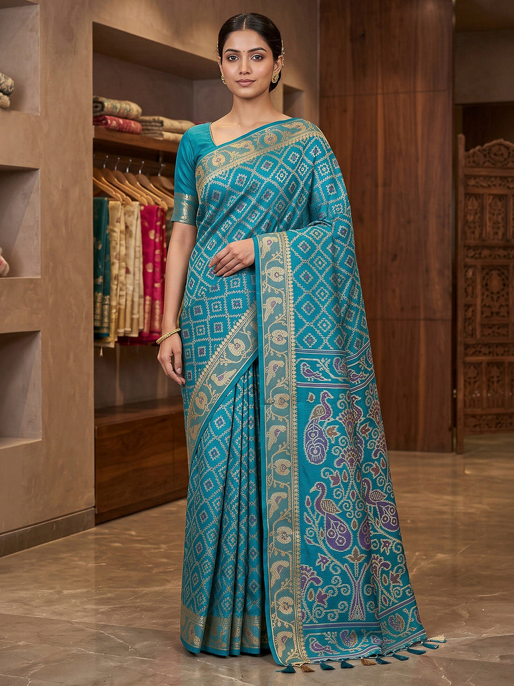Peacock-Blue Cotton Blend Woven Saree