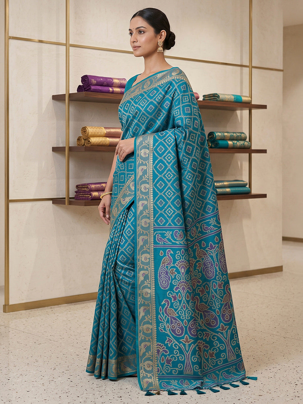 Peacock-Blue Cotton Blend Woven Saree