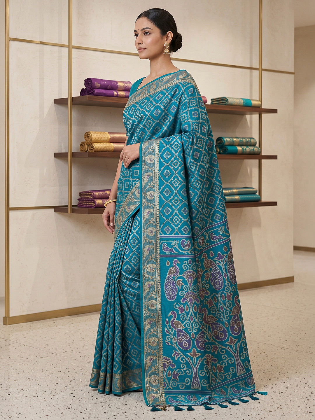Peacock-Blue Cotton Blend Woven Saree