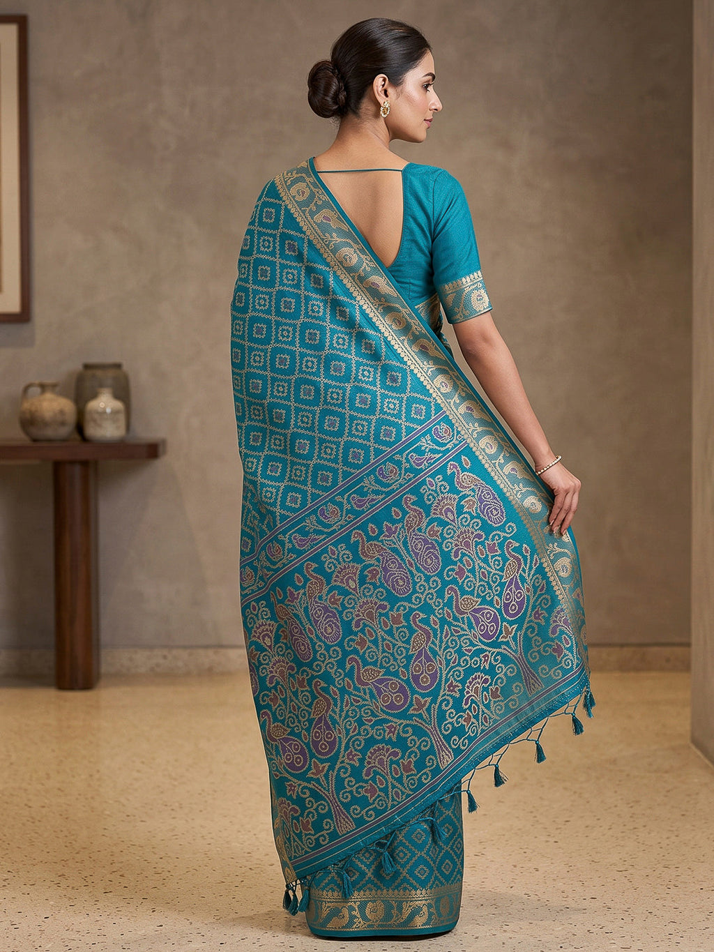 Peacock-Blue Cotton Blend Woven Saree