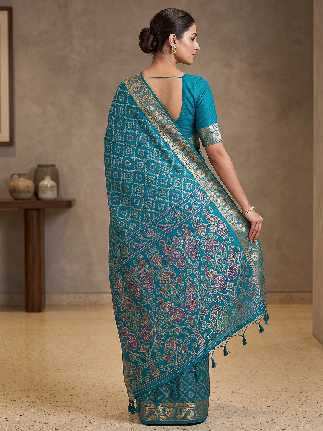 Peacock-Blue Cotton Blend Woven Saree