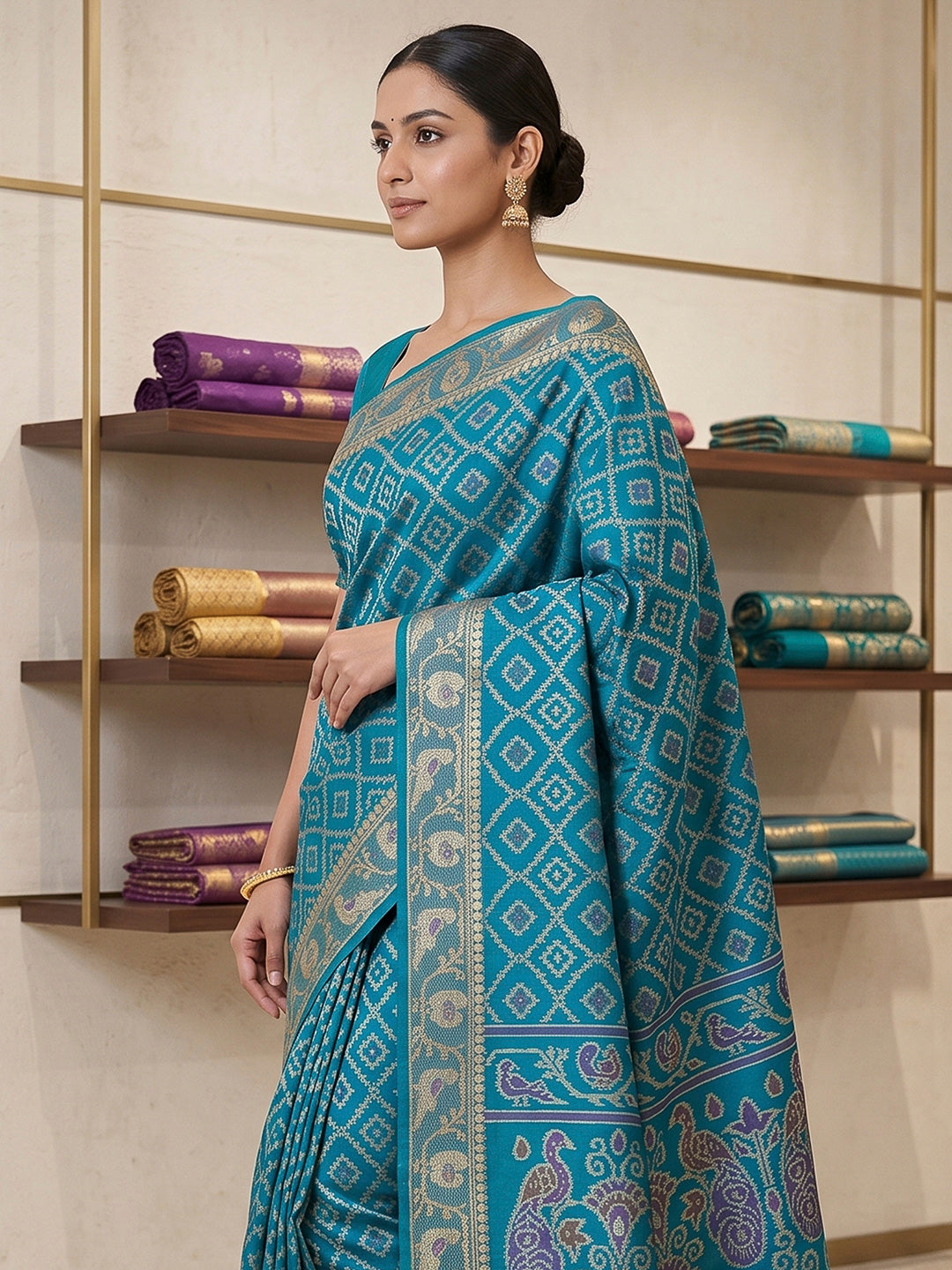 Peacock-Blue Cotton Blend Woven Saree