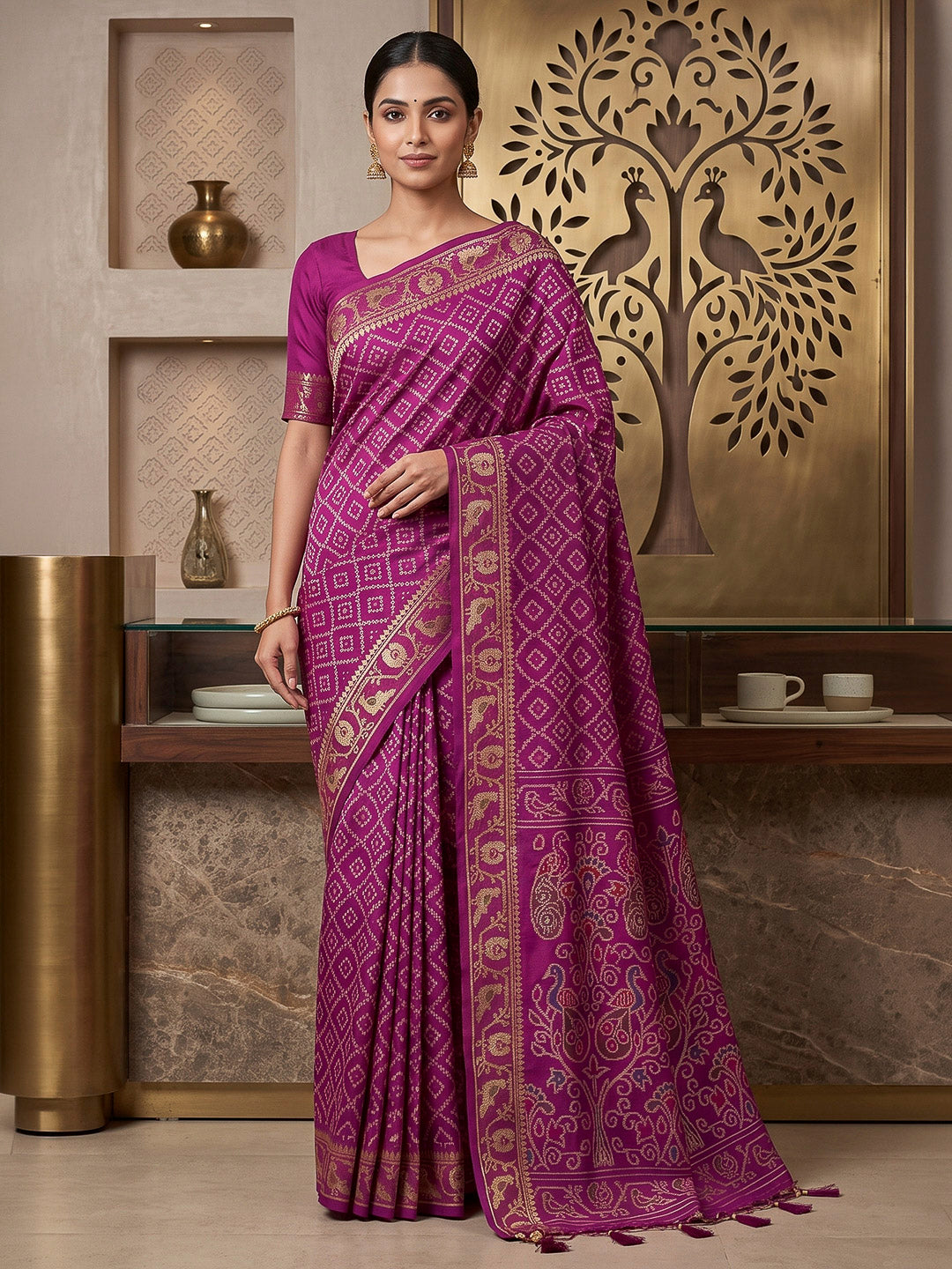 Purple Cotton Blend Woven Saree