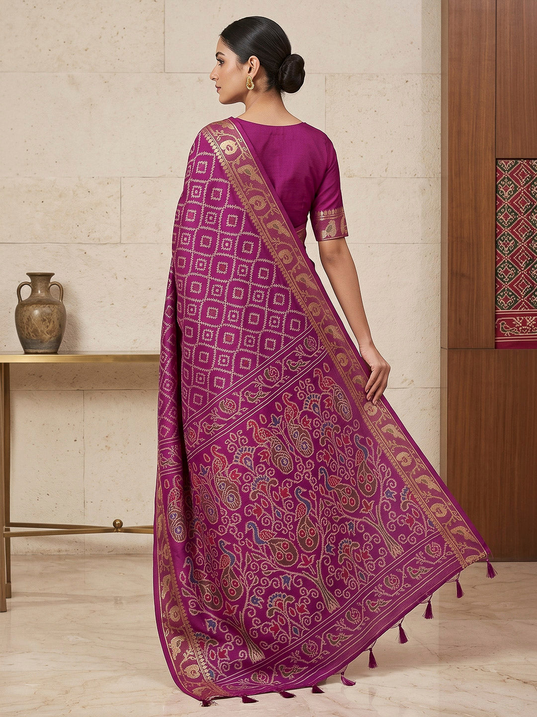 Purple Cotton Blend Woven Saree