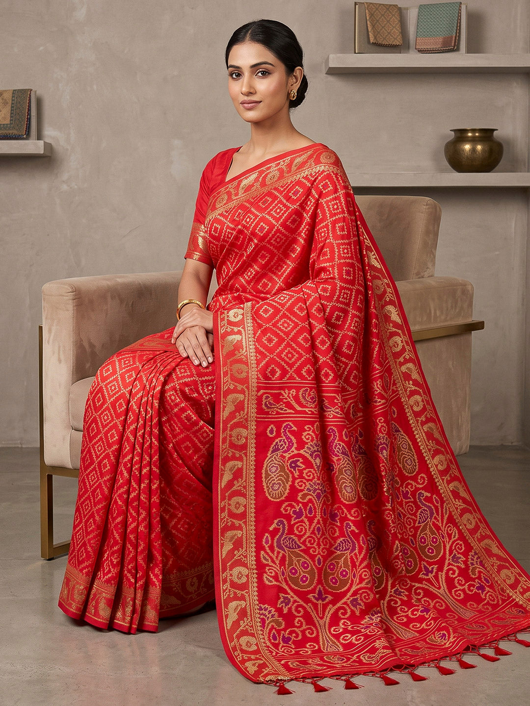 Red Cotton Blend Woven Saree