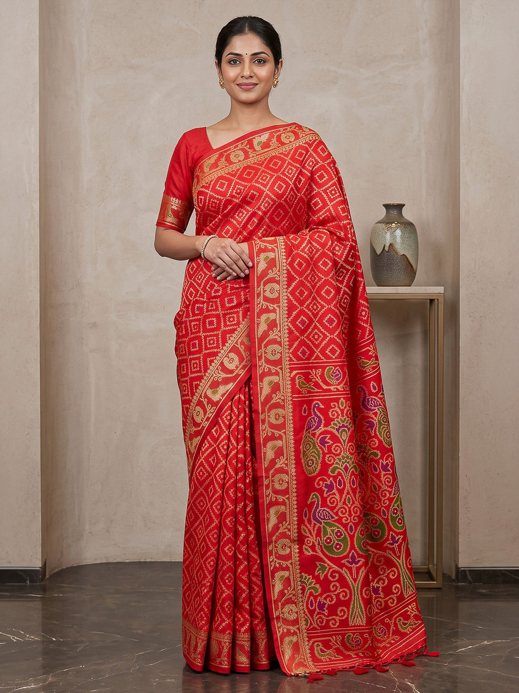 Red Cotton Blend Woven Saree