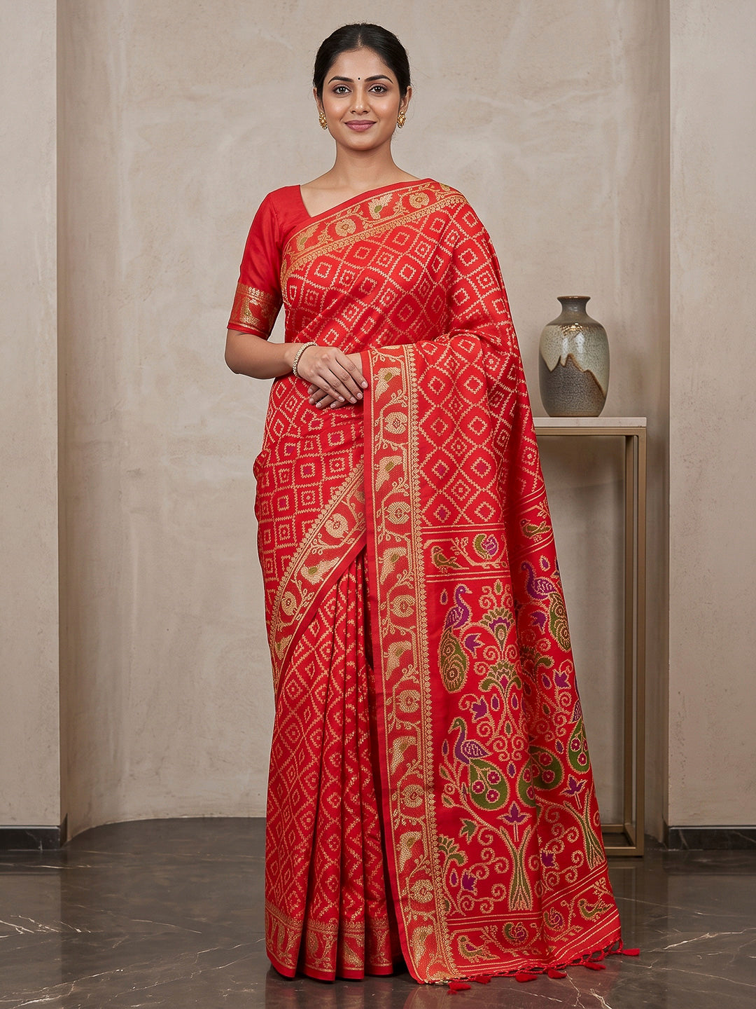 Red Cotton Blend Woven Saree