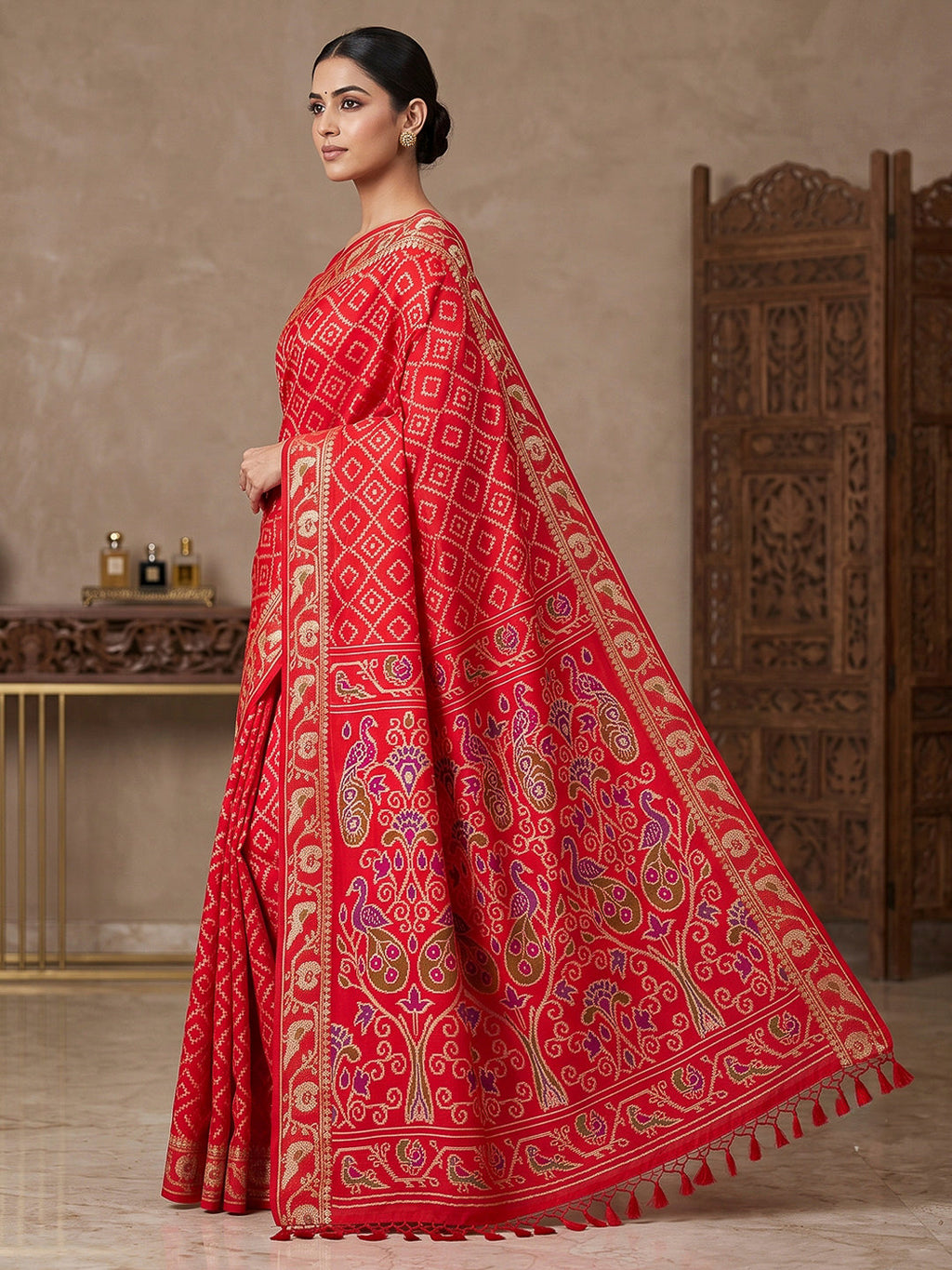 Red Cotton Blend Woven Saree