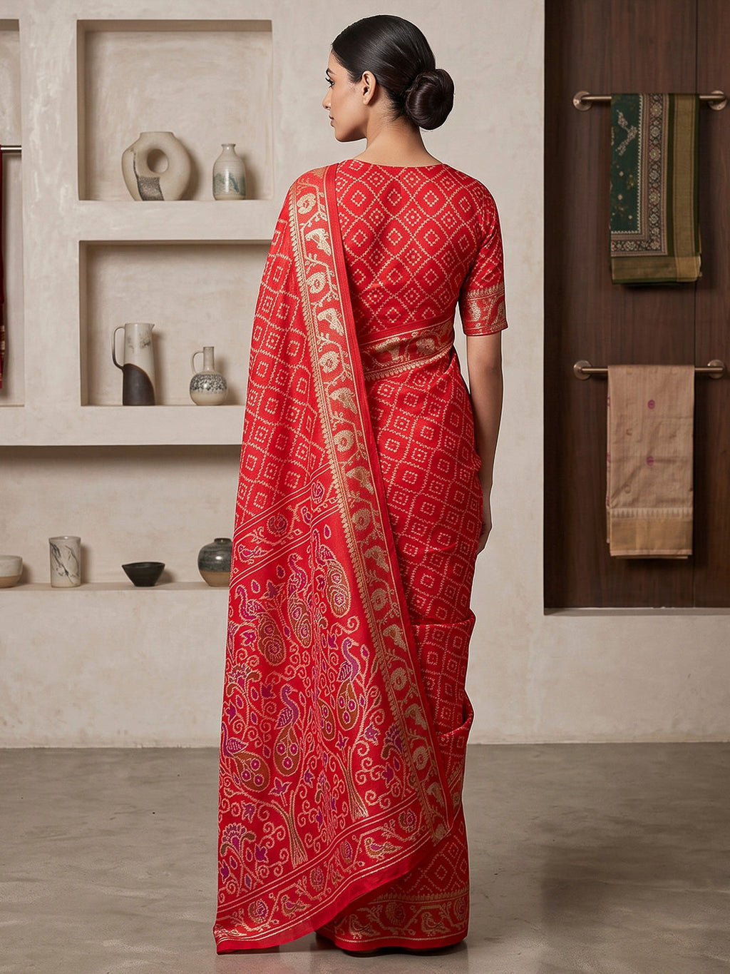 Red Cotton Blend Woven Saree
