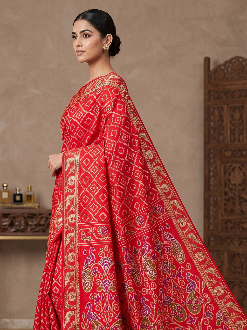 Red Cotton Blend Woven Saree