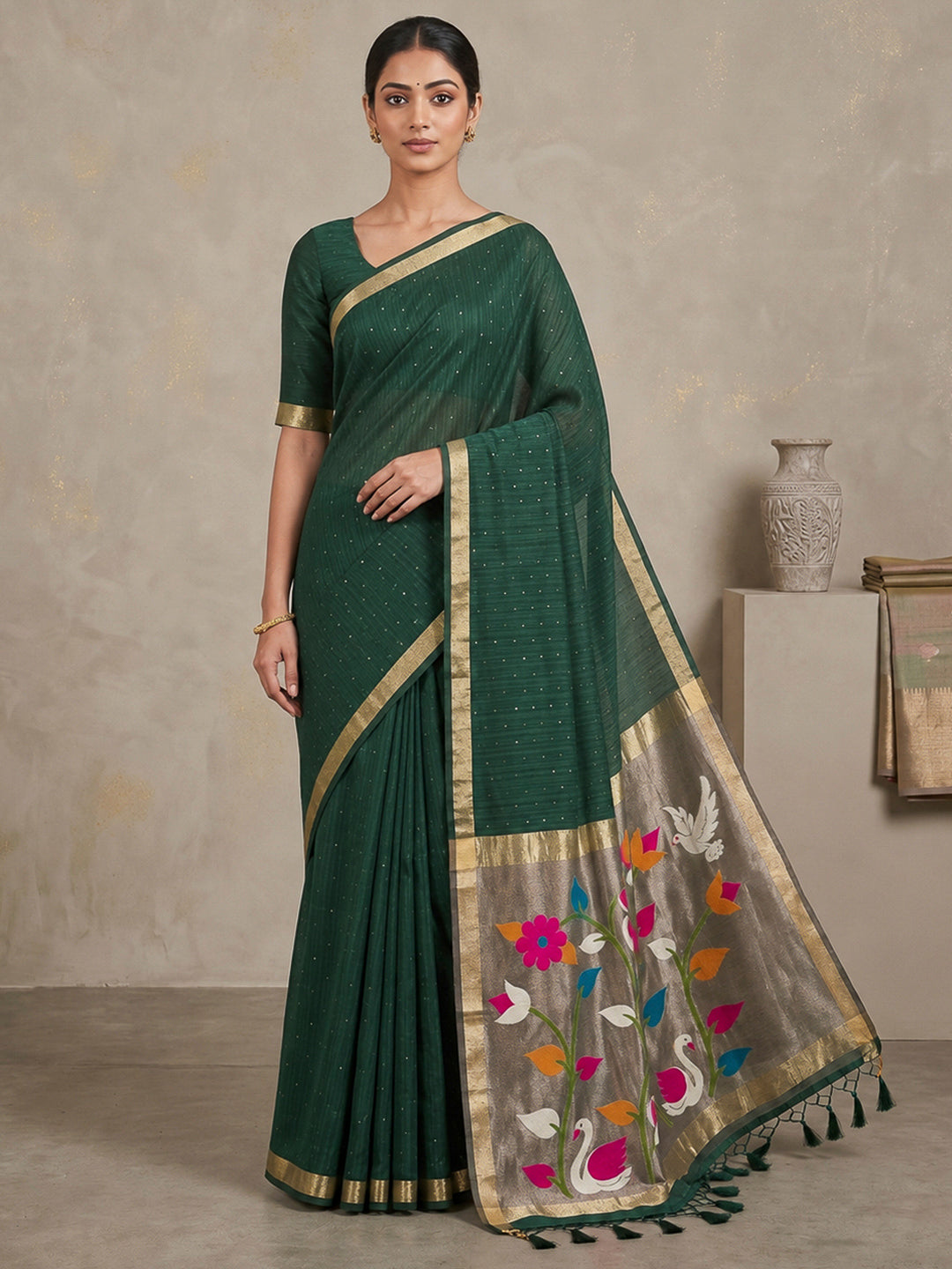 Bottle-Green Cotton Blend Woven Saree