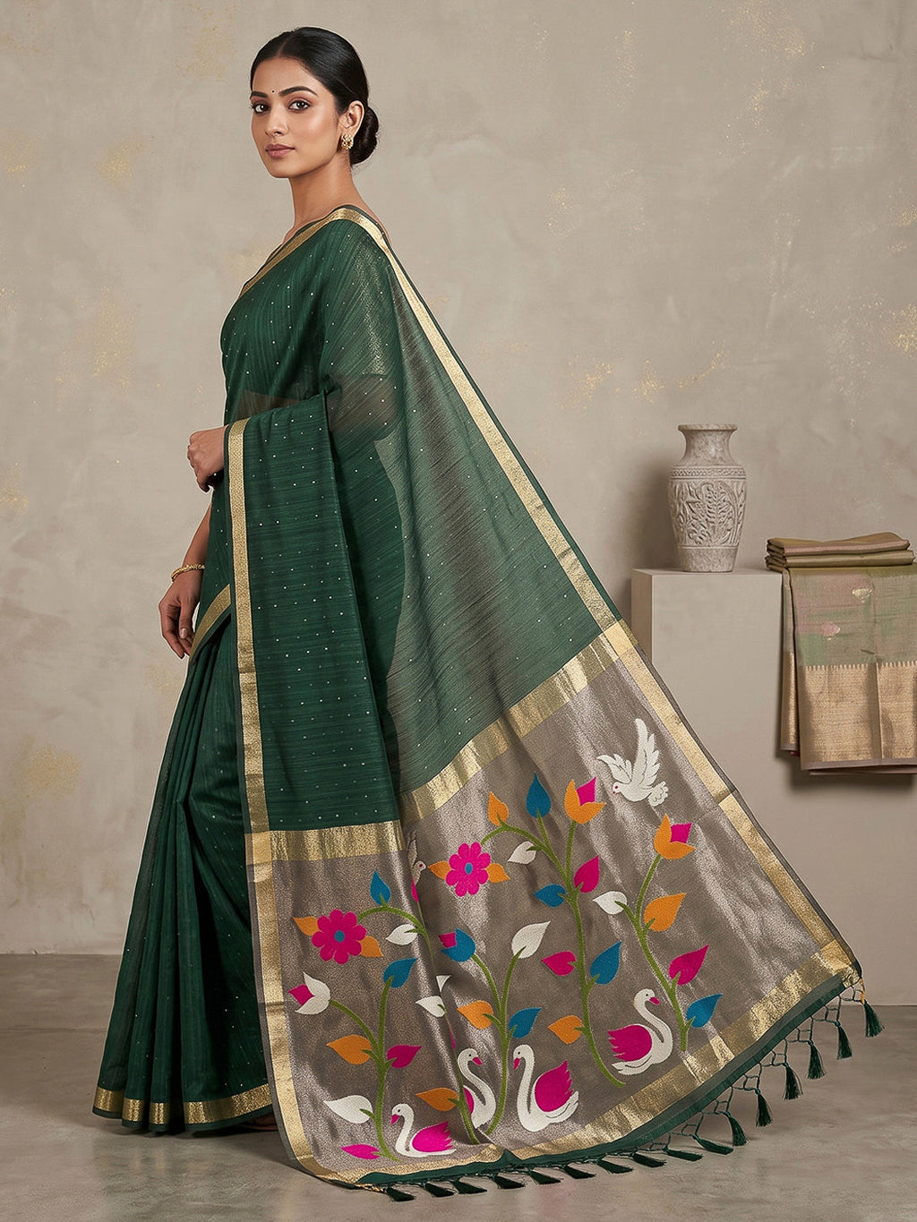Bottle-Green Cotton Blend Woven Saree