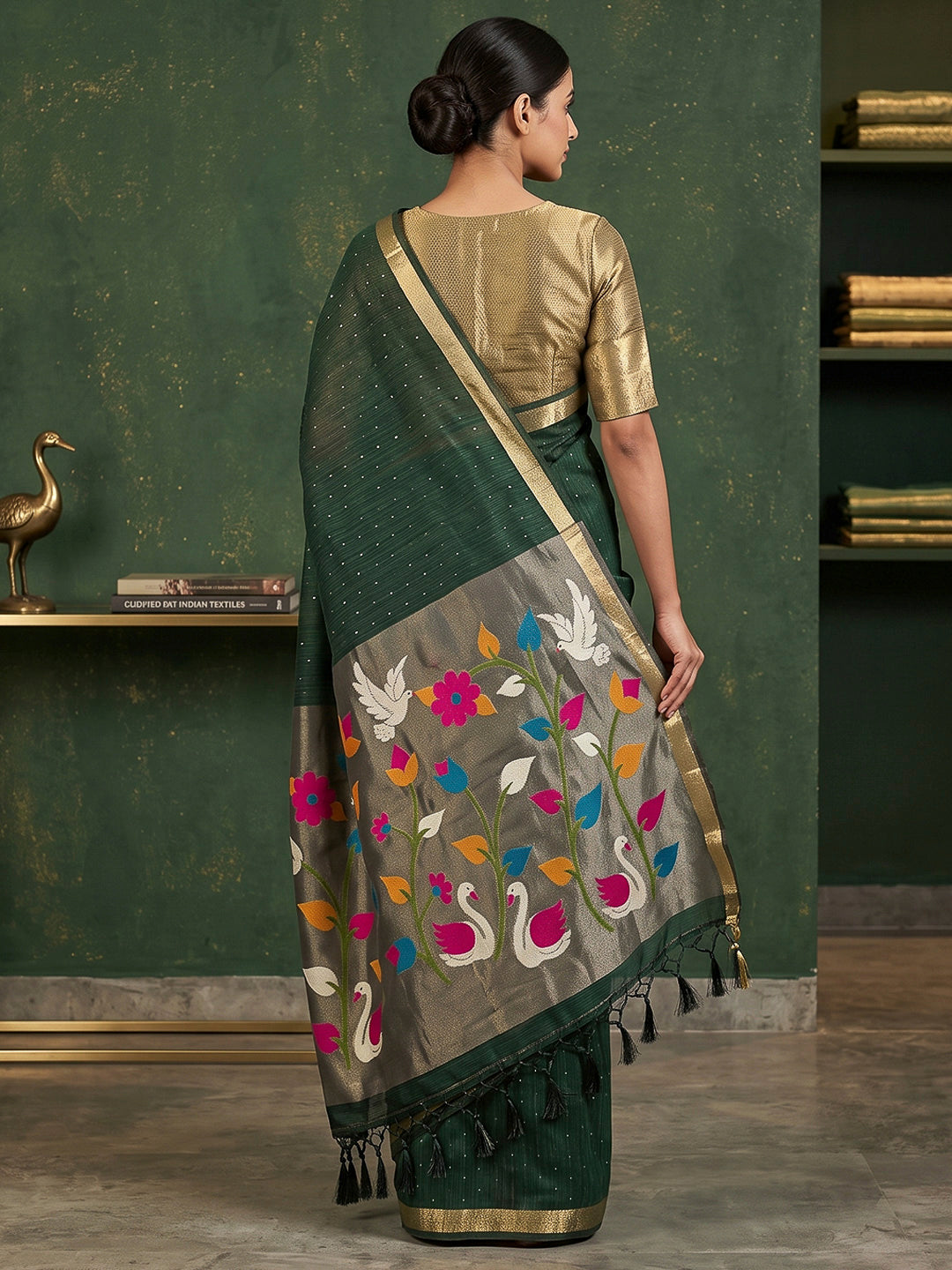 Bottle-Green Cotton Blend Woven Saree