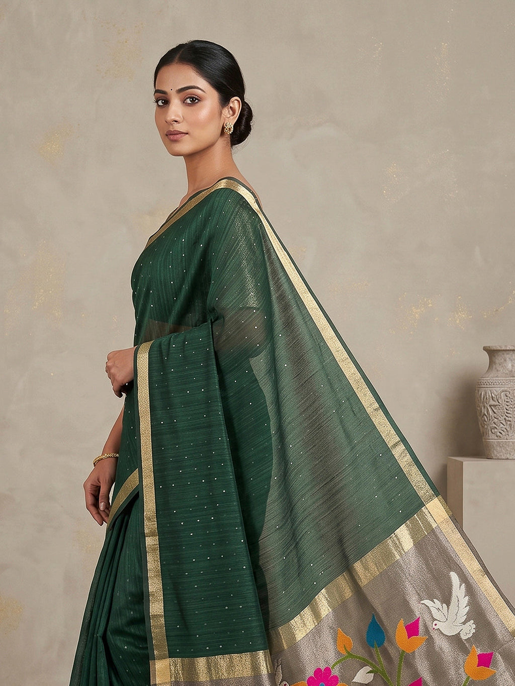 Bottle-Green Cotton Blend Woven Saree