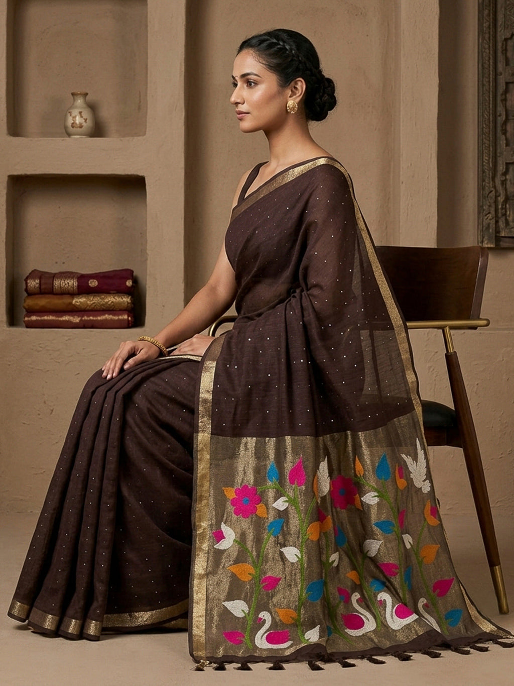 Brown Cotton Blend Woven Saree