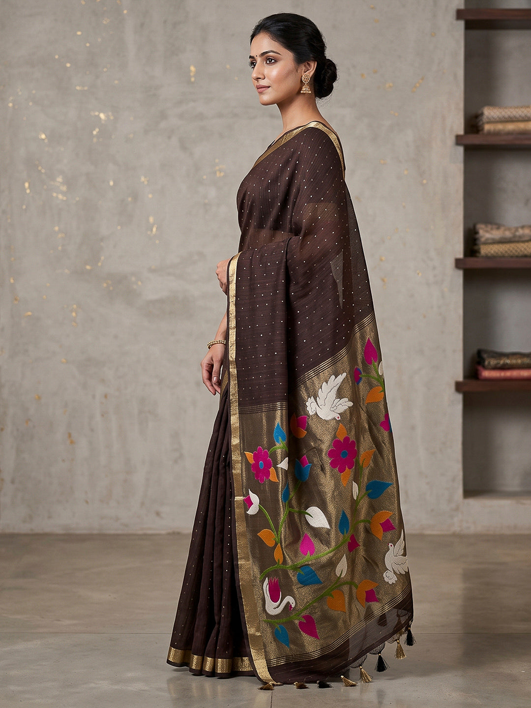 Brown Cotton Blend Woven Saree