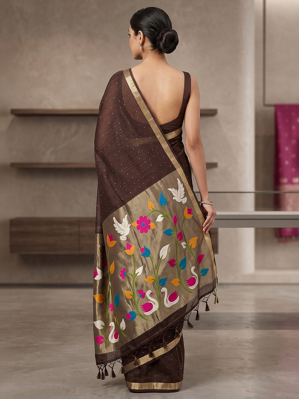 Brown Cotton Blend Woven Saree