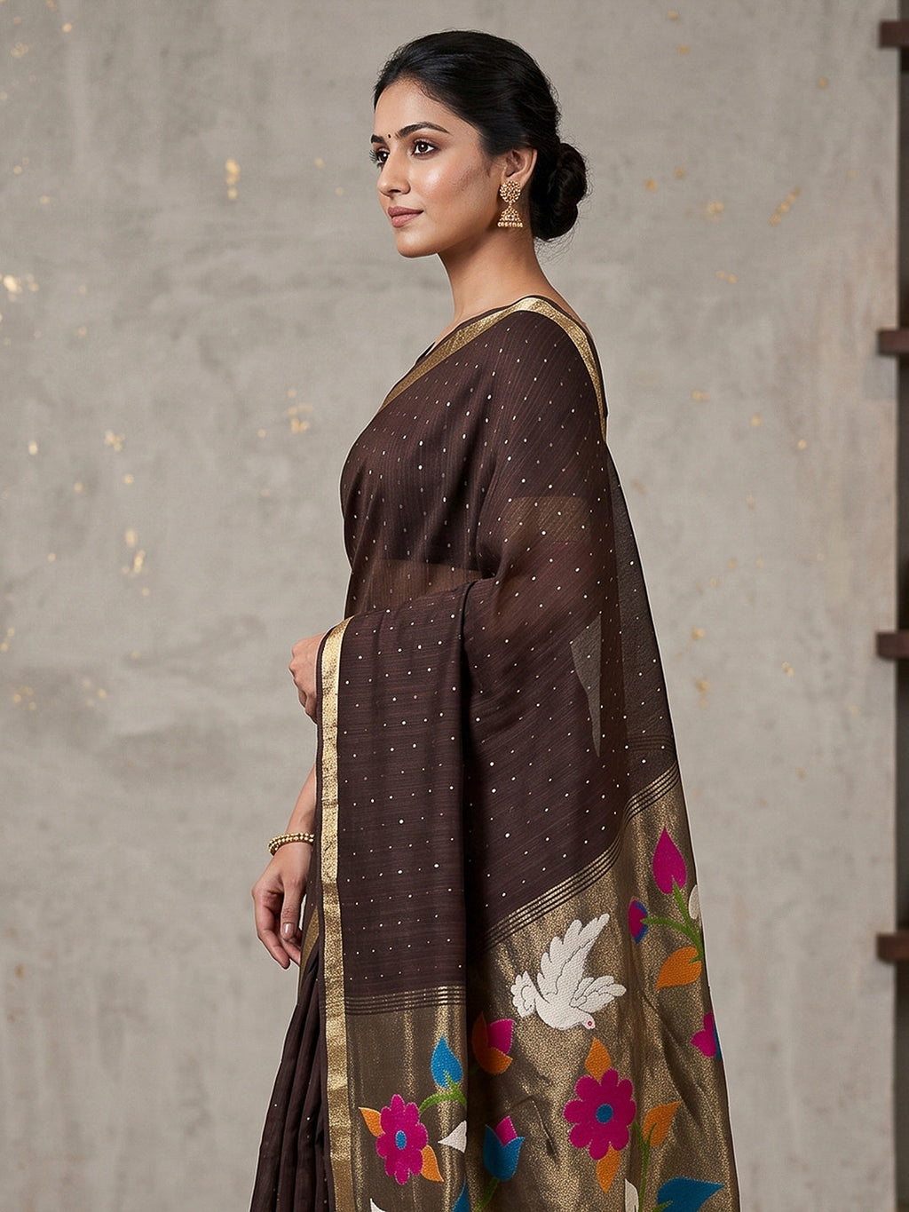 Brown Cotton Blend Woven Saree