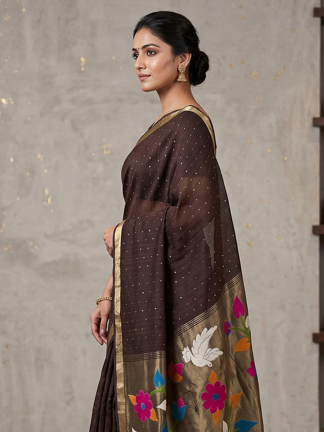 Brown Cotton Blend Woven Saree