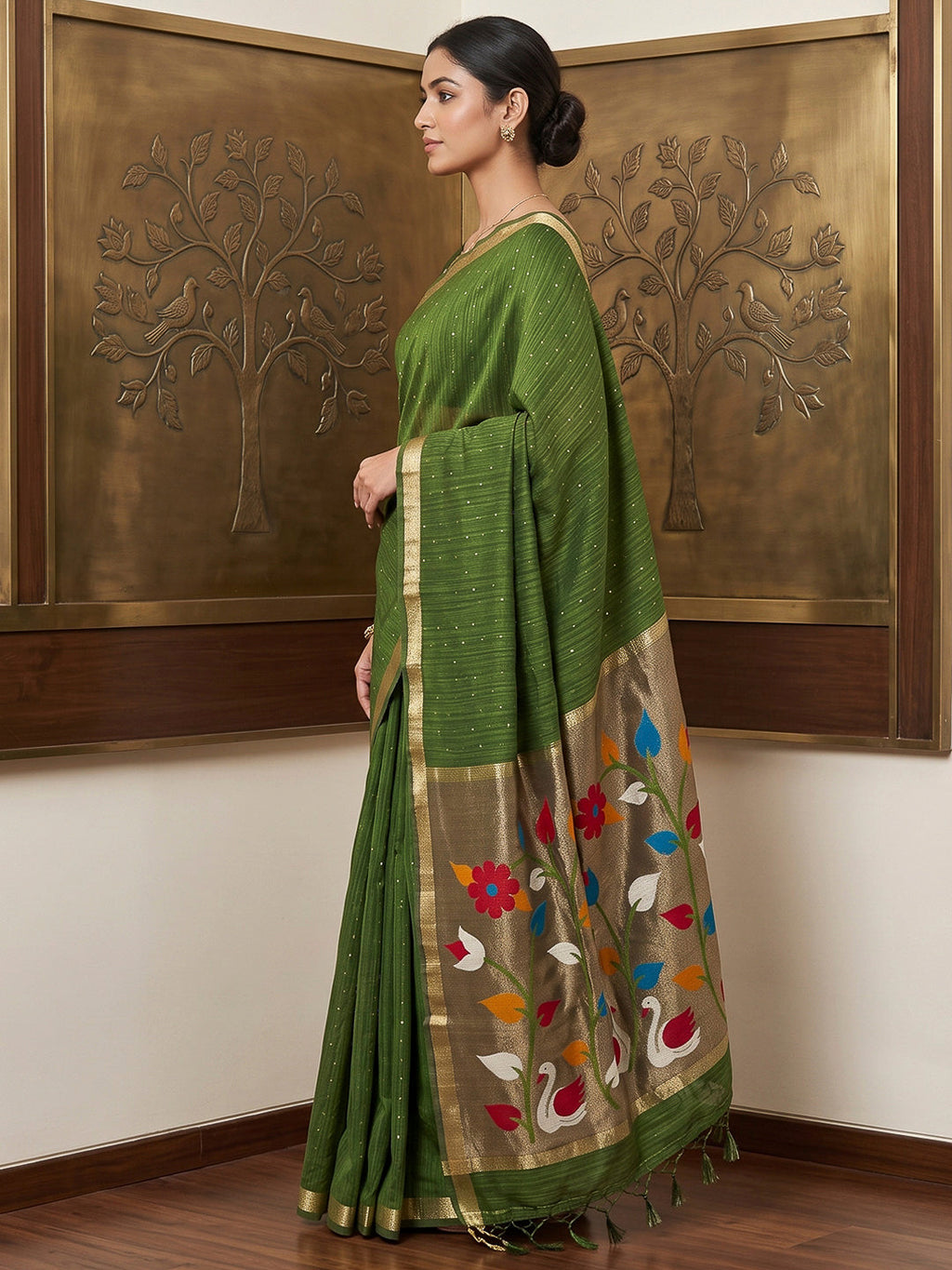 Mint-Green Cotton Blend Woven Saree