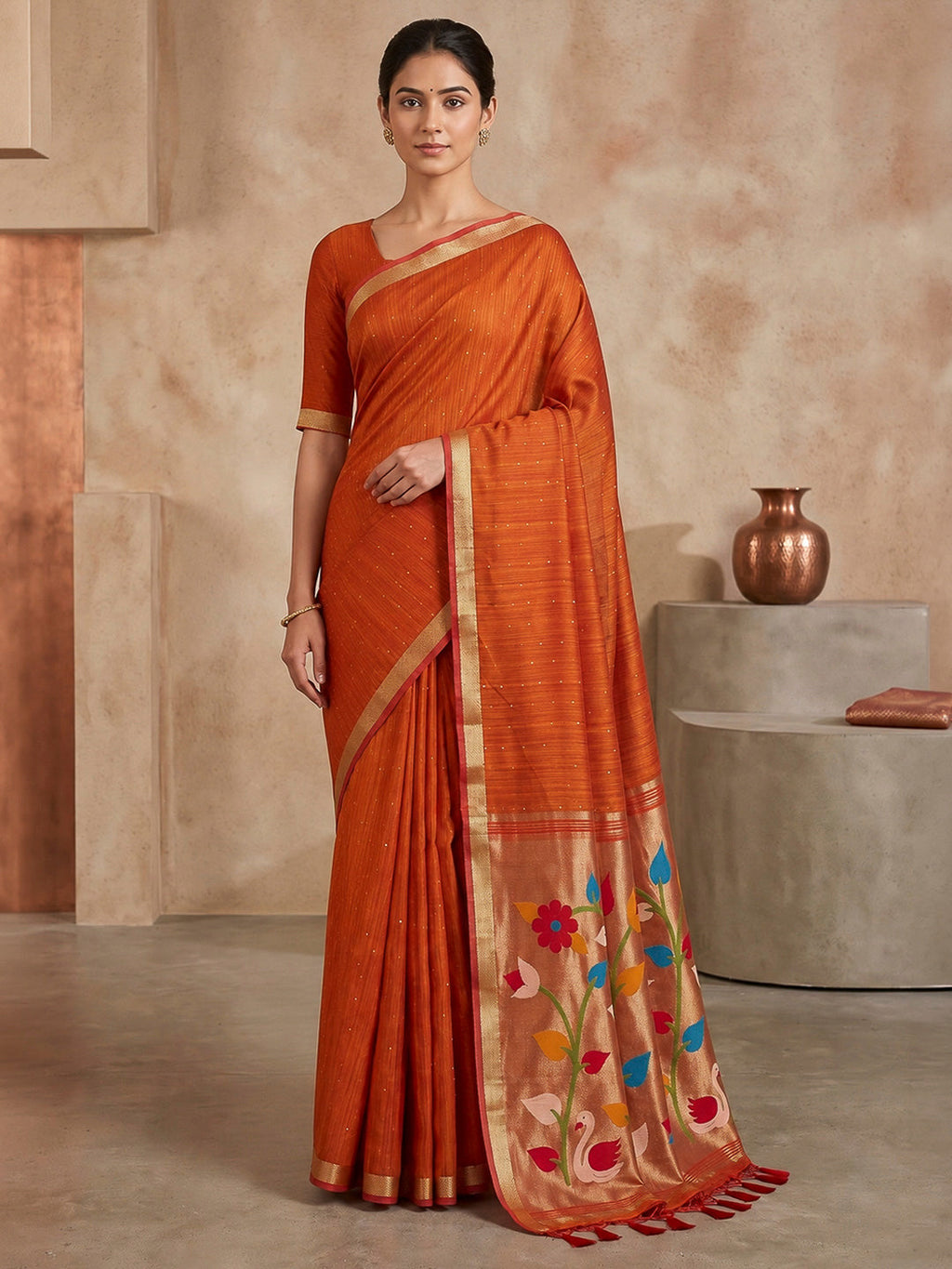 Orange Cotton Blend Woven Saree
