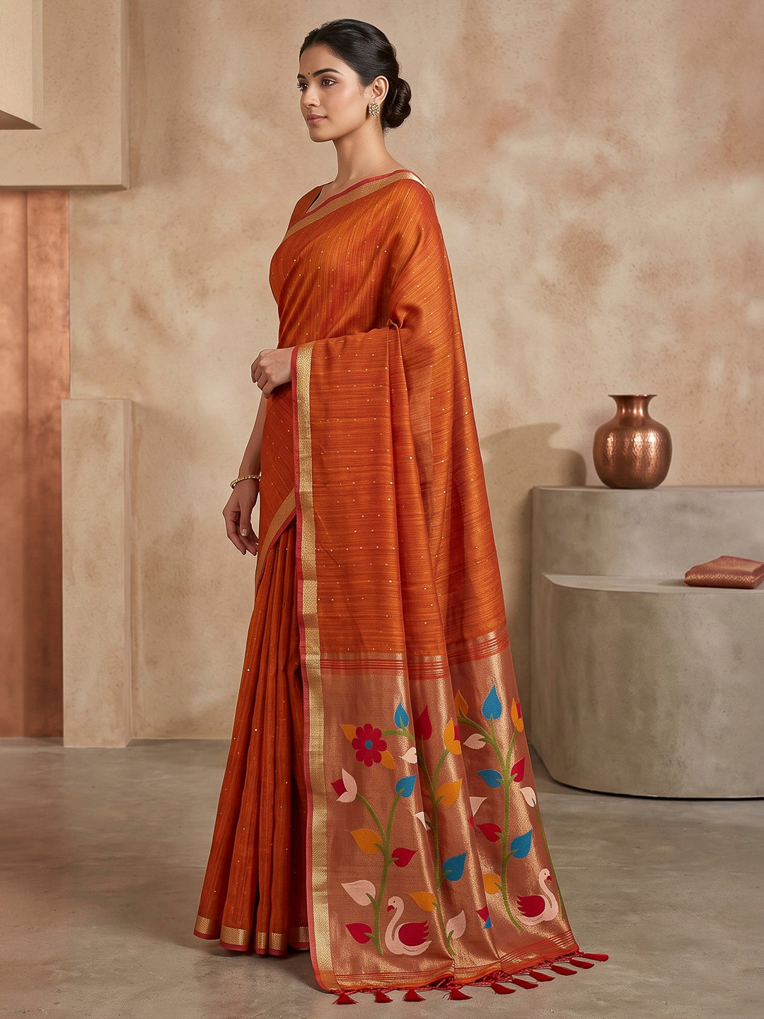 Orange Cotton Blend Woven Saree