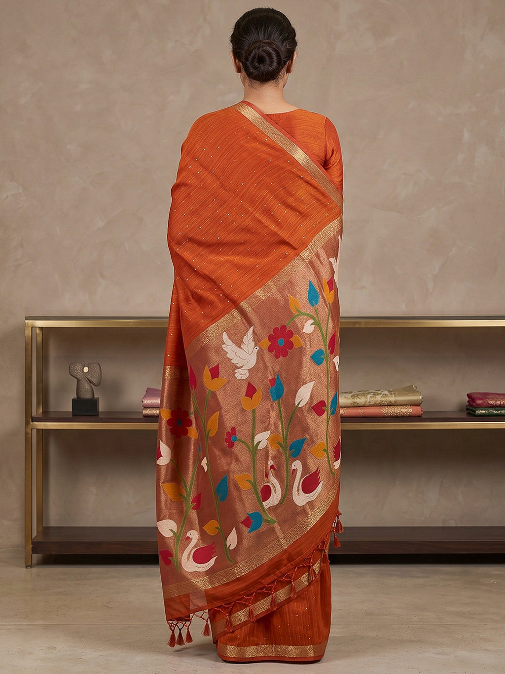 Orange Cotton Blend Woven Saree